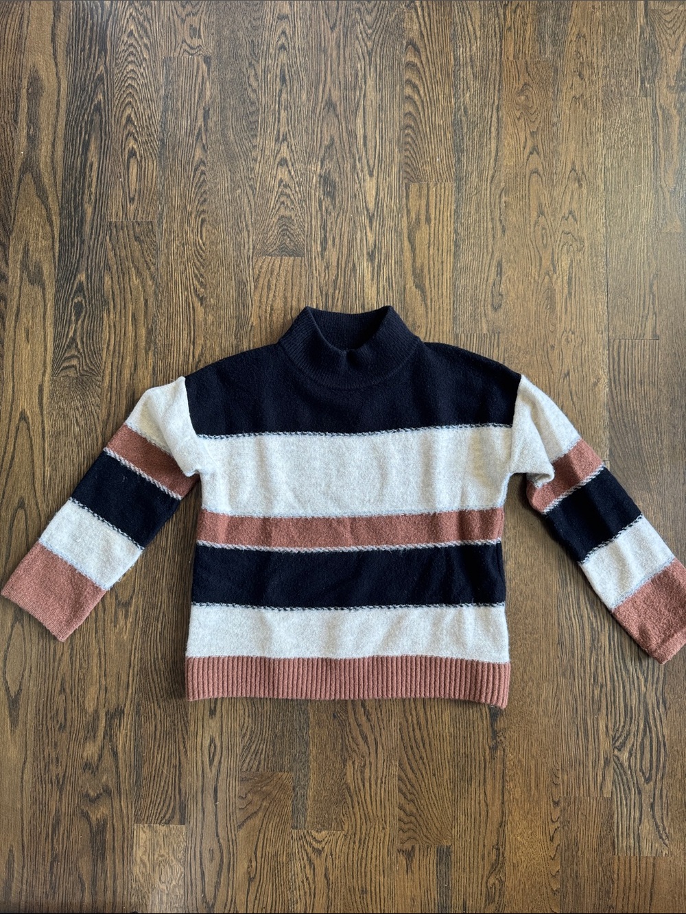 Universal Thread Striped Mock Neck Sweater in Black, Cream & Rust